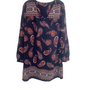BLU PEPPER Anthropologie Shift Dress Small Paisley Navy Blue Long Sleeve size S